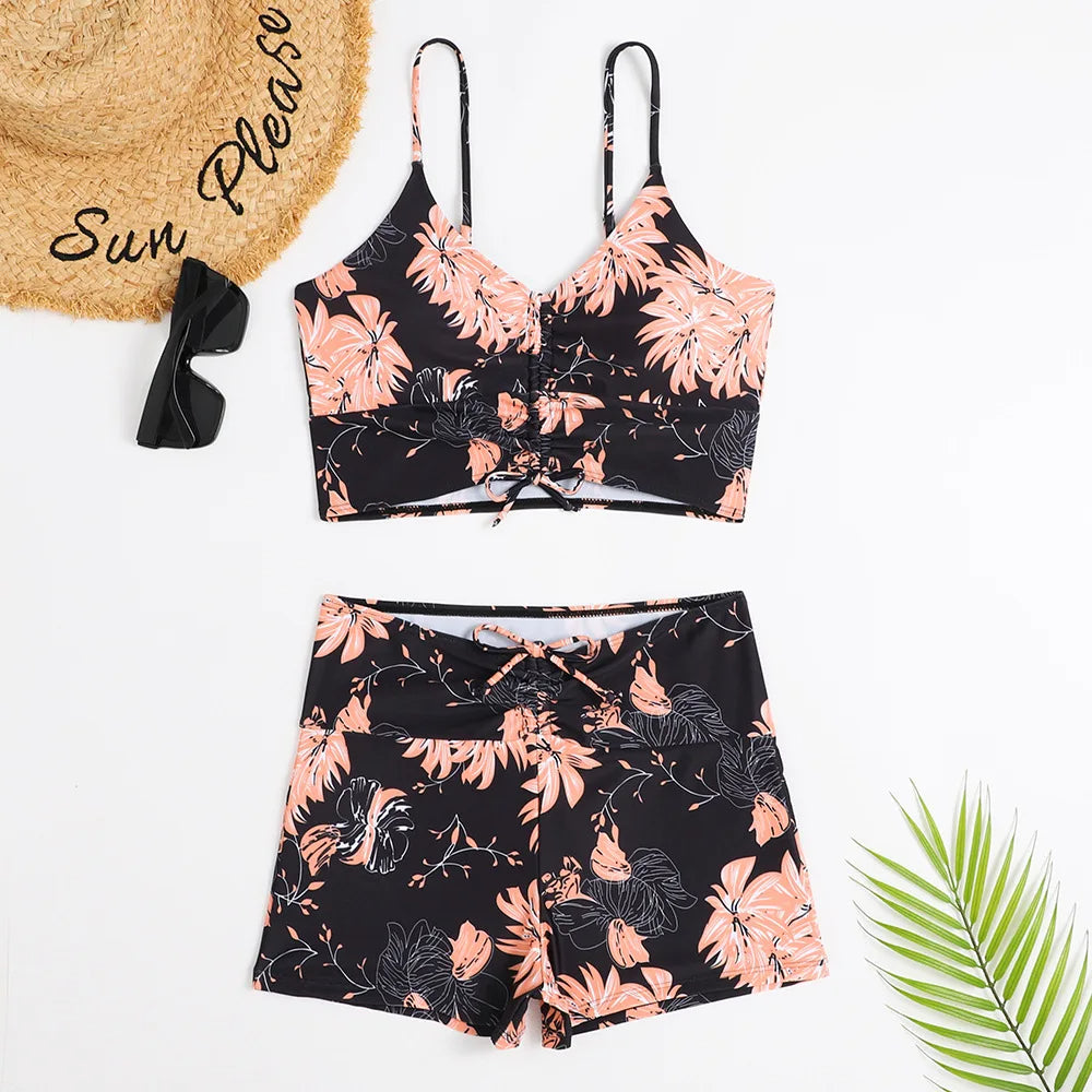Feminine high-waist floral bikini set, supportive swimwear for women, perfect for resort wear.