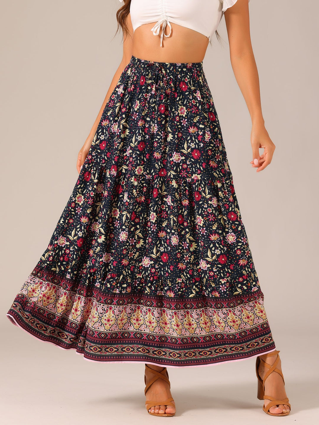Bohemian print high waist maxi skirt with flowing fabric & an alluring side slit for women.