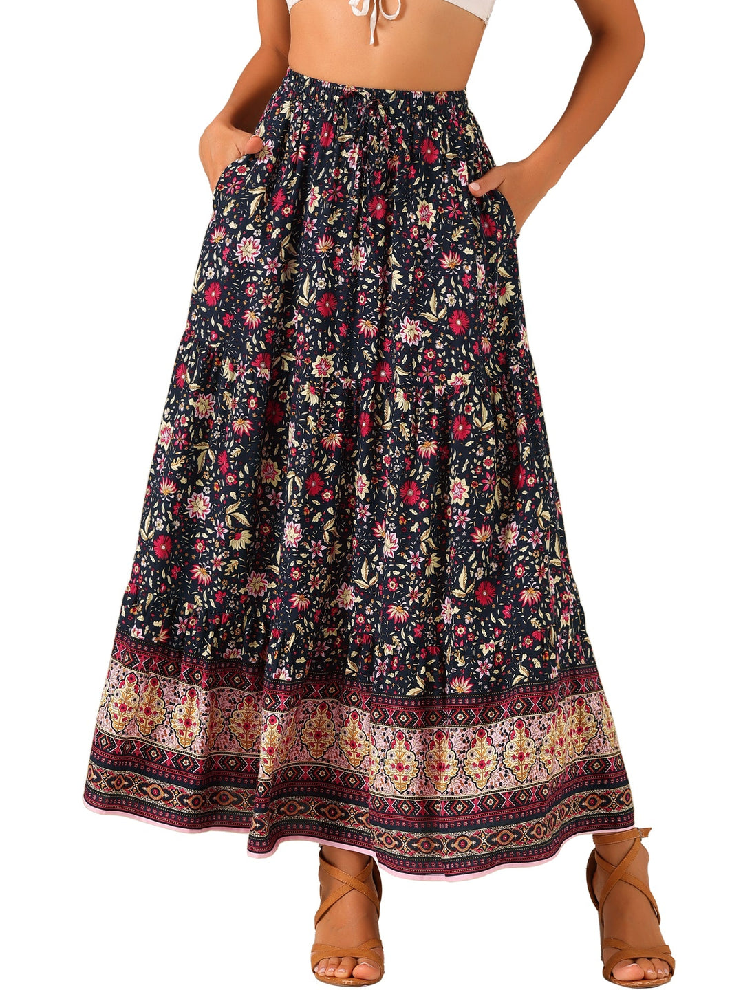 Stylish women's high waist printed maxi skirt with a comfortable fit & flowing side slit.