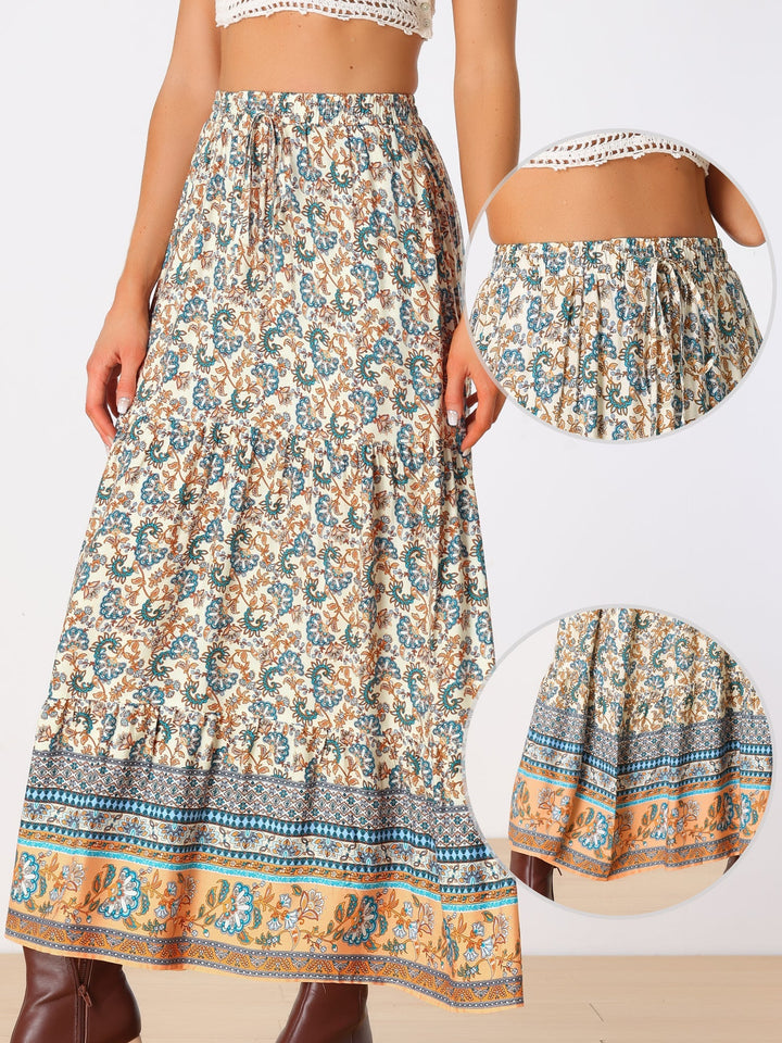 Bohemian style printed maxi skirt for women, high waist fit & elegant side slit detail.