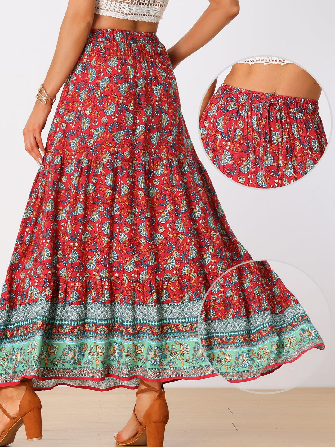 Women's vacation printed maxi skirt, high waist, breezy fabric & a graceful side slit.