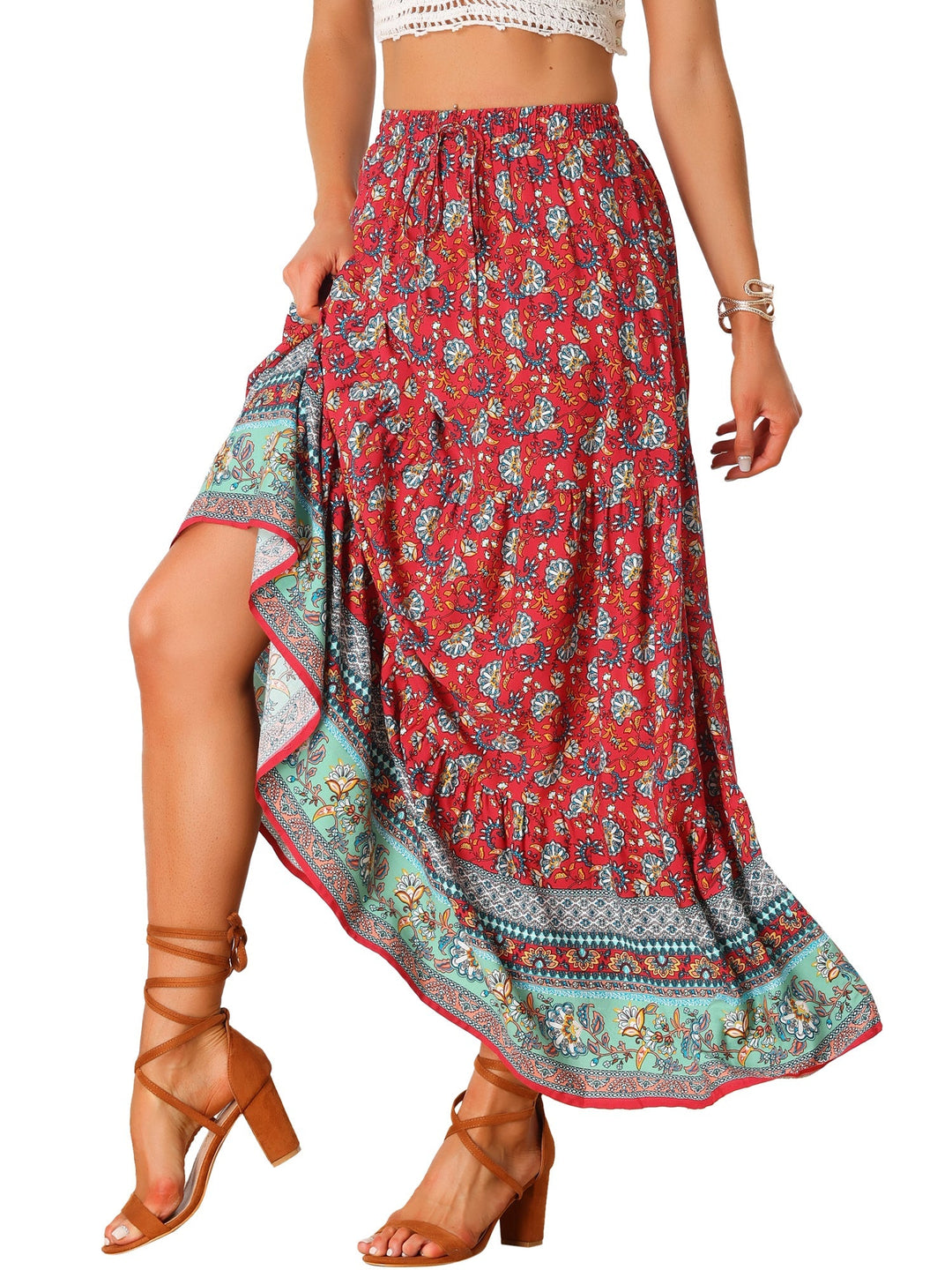 Casual women's high waist maxi skirt, chic print, flowing design with a revealing side slit.