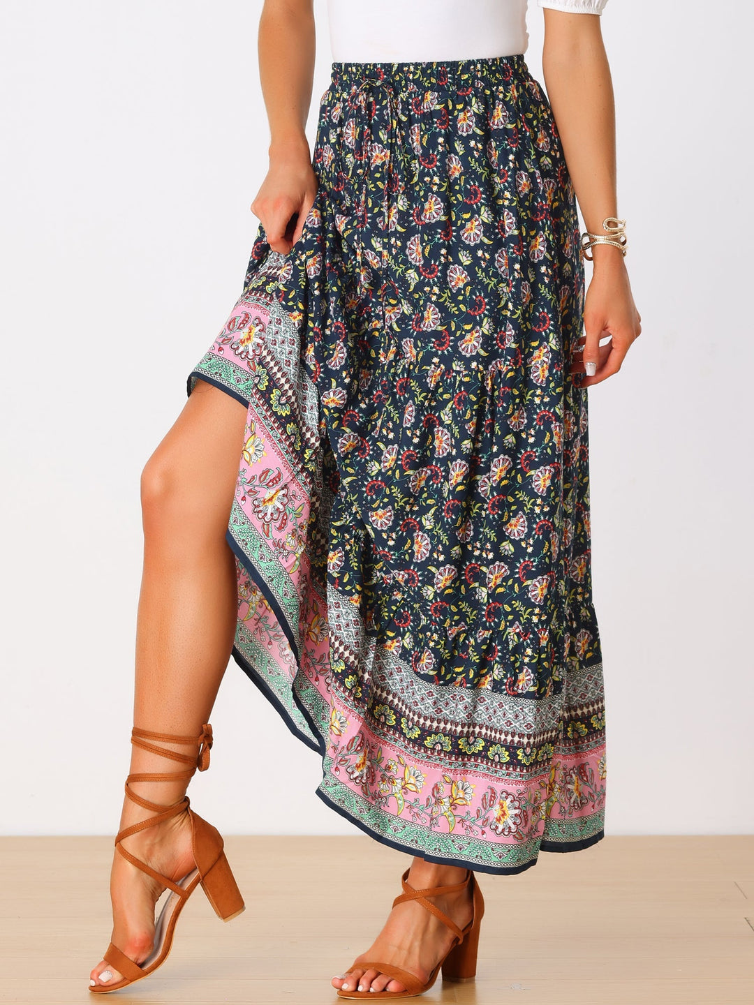 Women's high waist printed maxi skirt, elegant flowing side slit for any occasion.