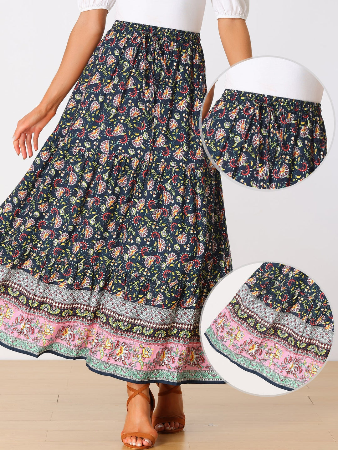 Vibrant print high waist maxi skirt, flowing fabric and side slit for women's summer style.