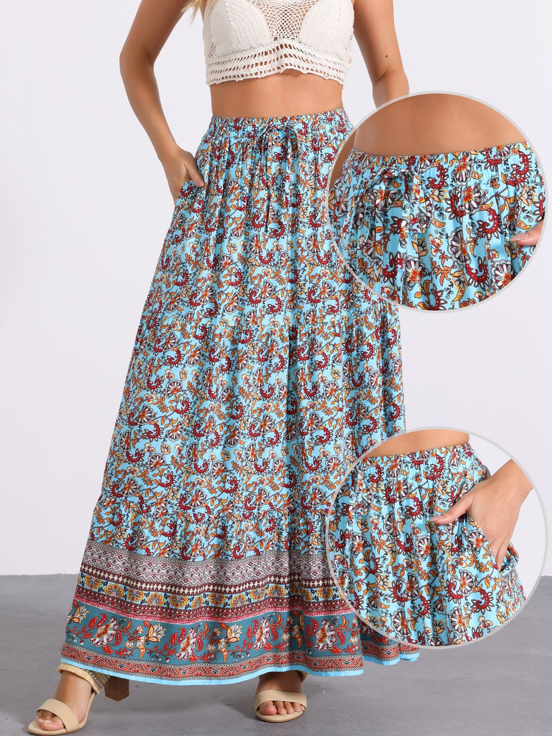Chic women's printed maxi skirt, high waist, flowing design and attractive side slit.