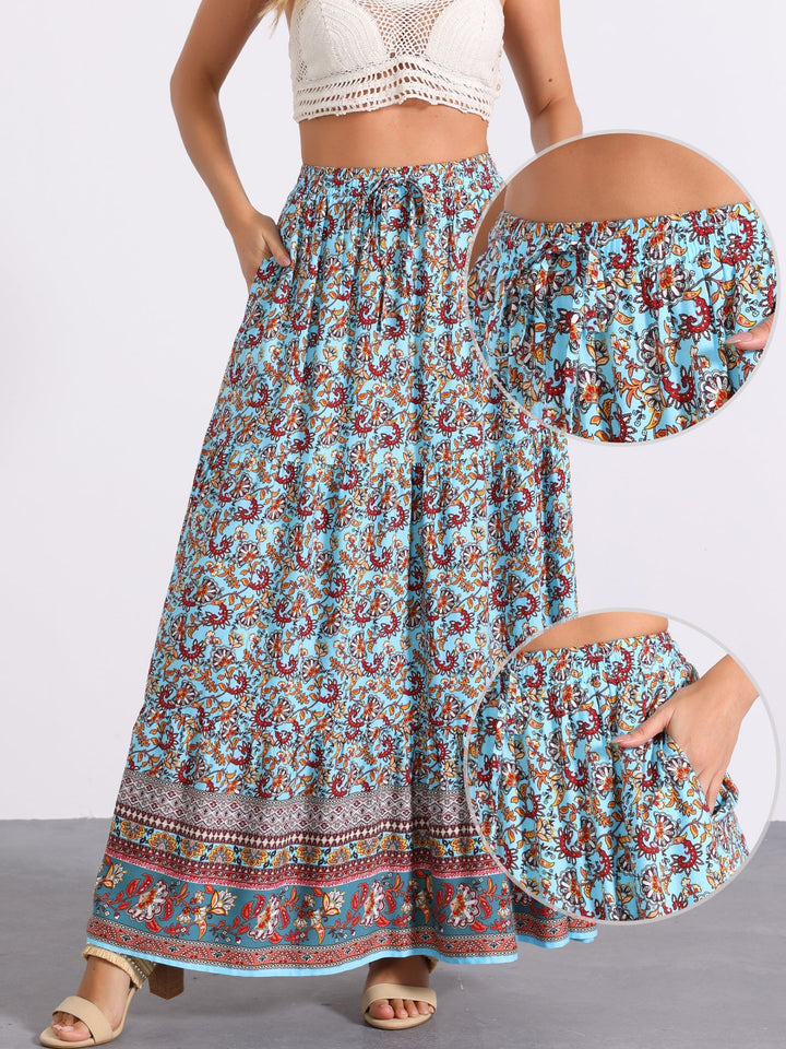 Chic women's printed maxi skirt, high waist, flowing design and attractive side slit.