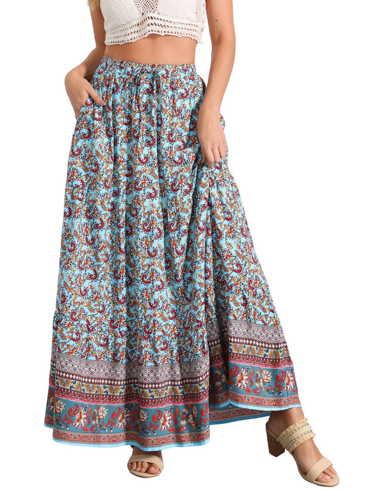 Flowing high waist maxi skirt for women, printed for summer, with a charming side slit.