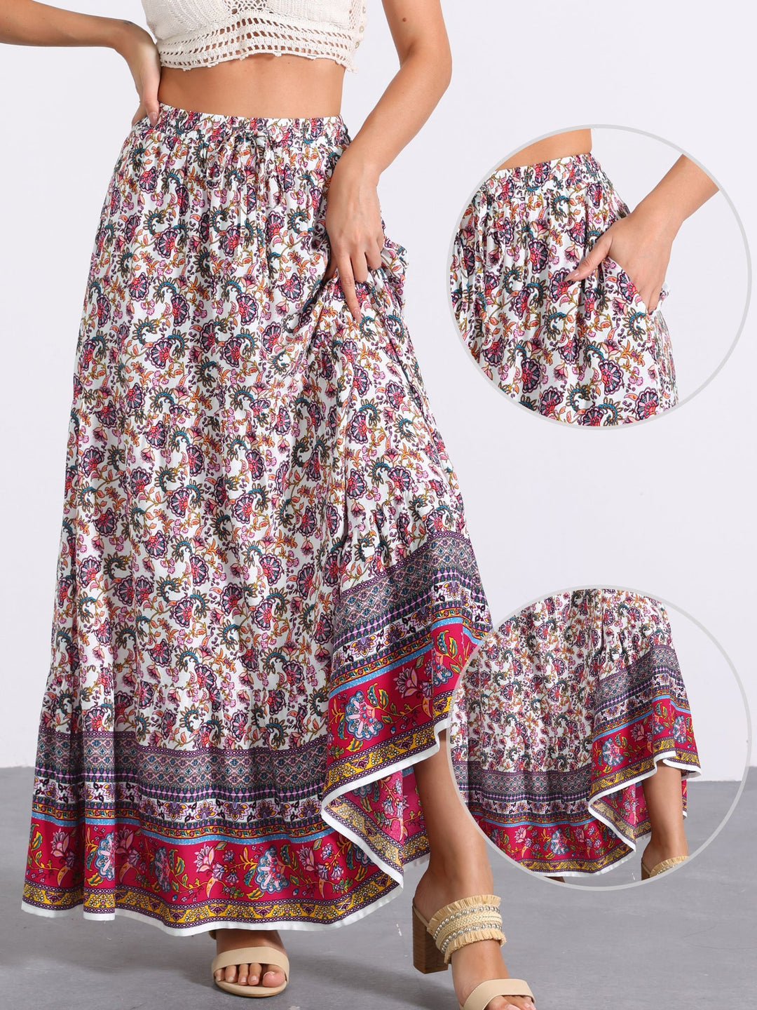 Printed high waist maxi skirt, flowing, with a sophisticated side slit for women.