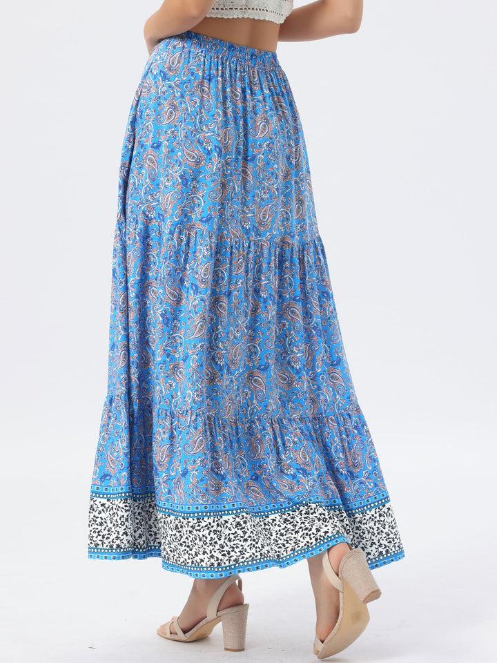 Women's printed high waist maxi skirt, flowing, with an elegant side slit for summer.