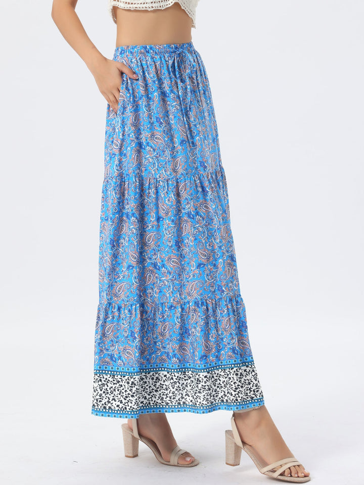 Flowing high waist maxi skirt for women, printed, ideal for bohemian summer style, side slit.