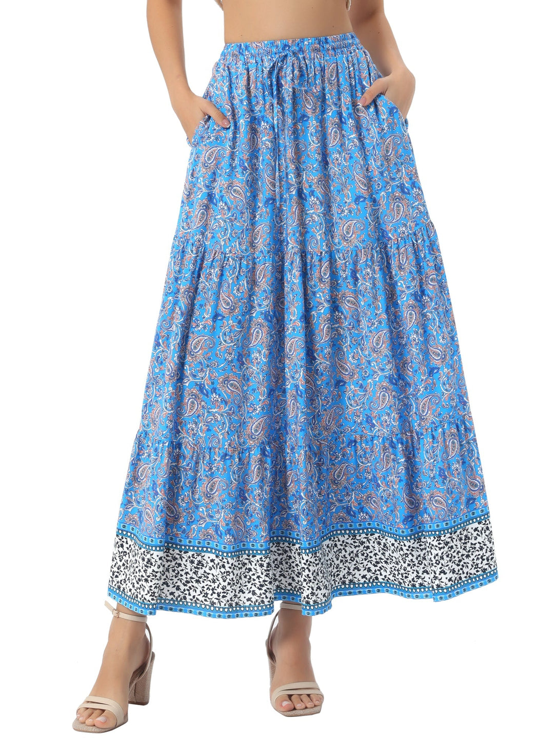 Women's vibrant print high waist maxi skirt, flowing, with a stylish side slit detail.