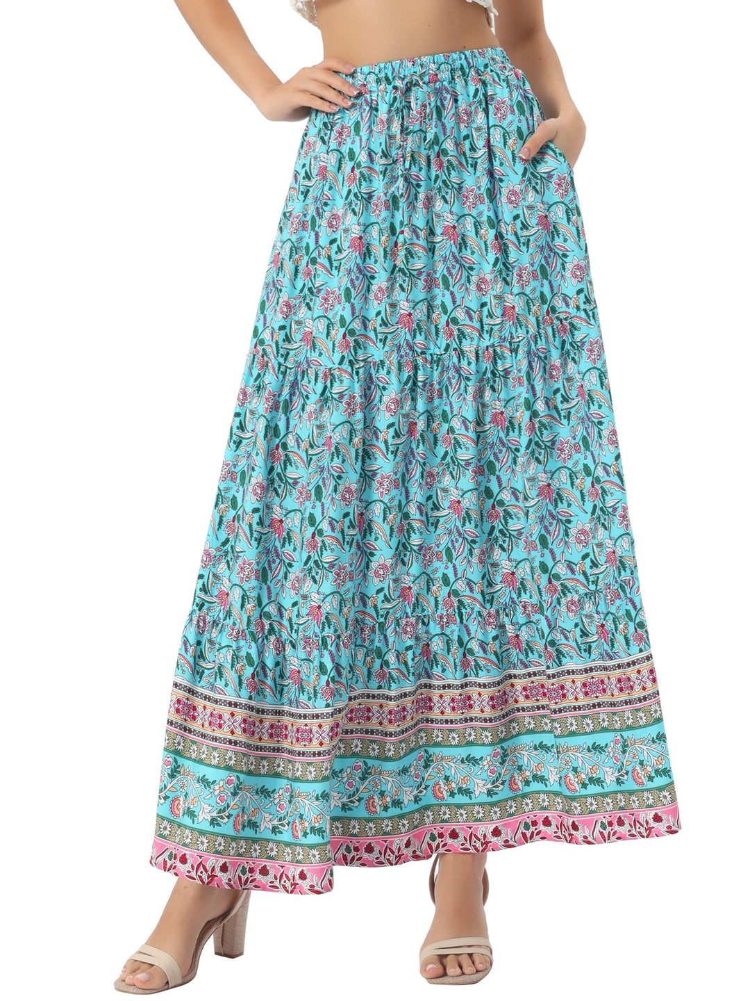 Bohemian women's printed maxi skirt, high waist, flowing, with a sophisticated side slit.