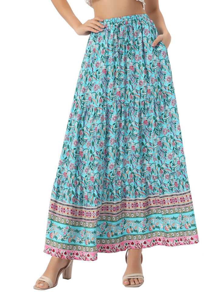 Bohemian women's printed maxi skirt, high waist, flowing, with a sophisticated side slit.