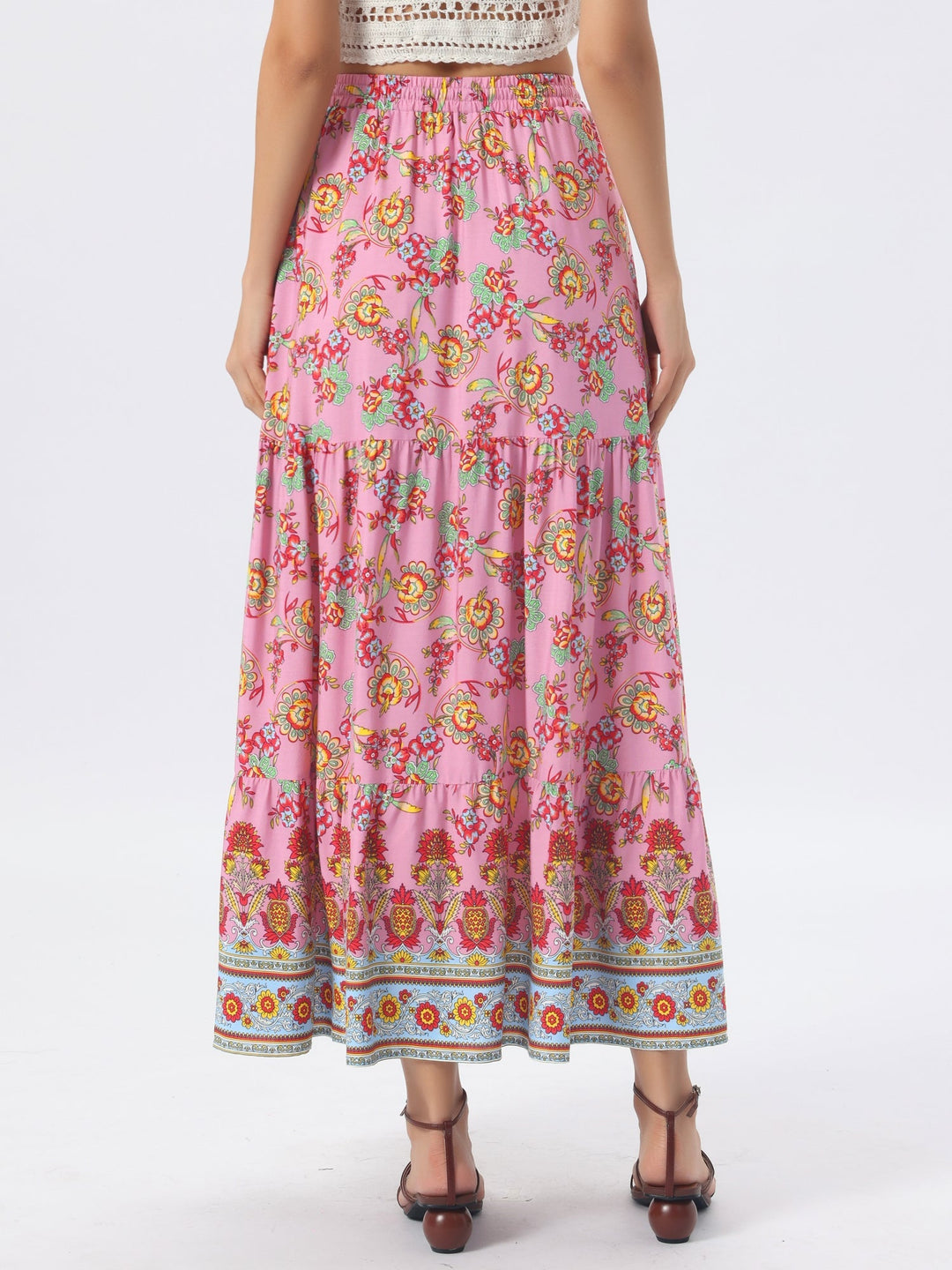 Flowing printed high waist maxi skirt for women, perfect for summer parties with a side slit.