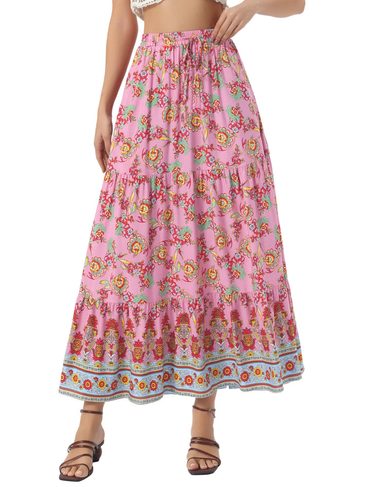 Women's high waist printed maxi skirt, flowing fabric, and a flattering side slit.