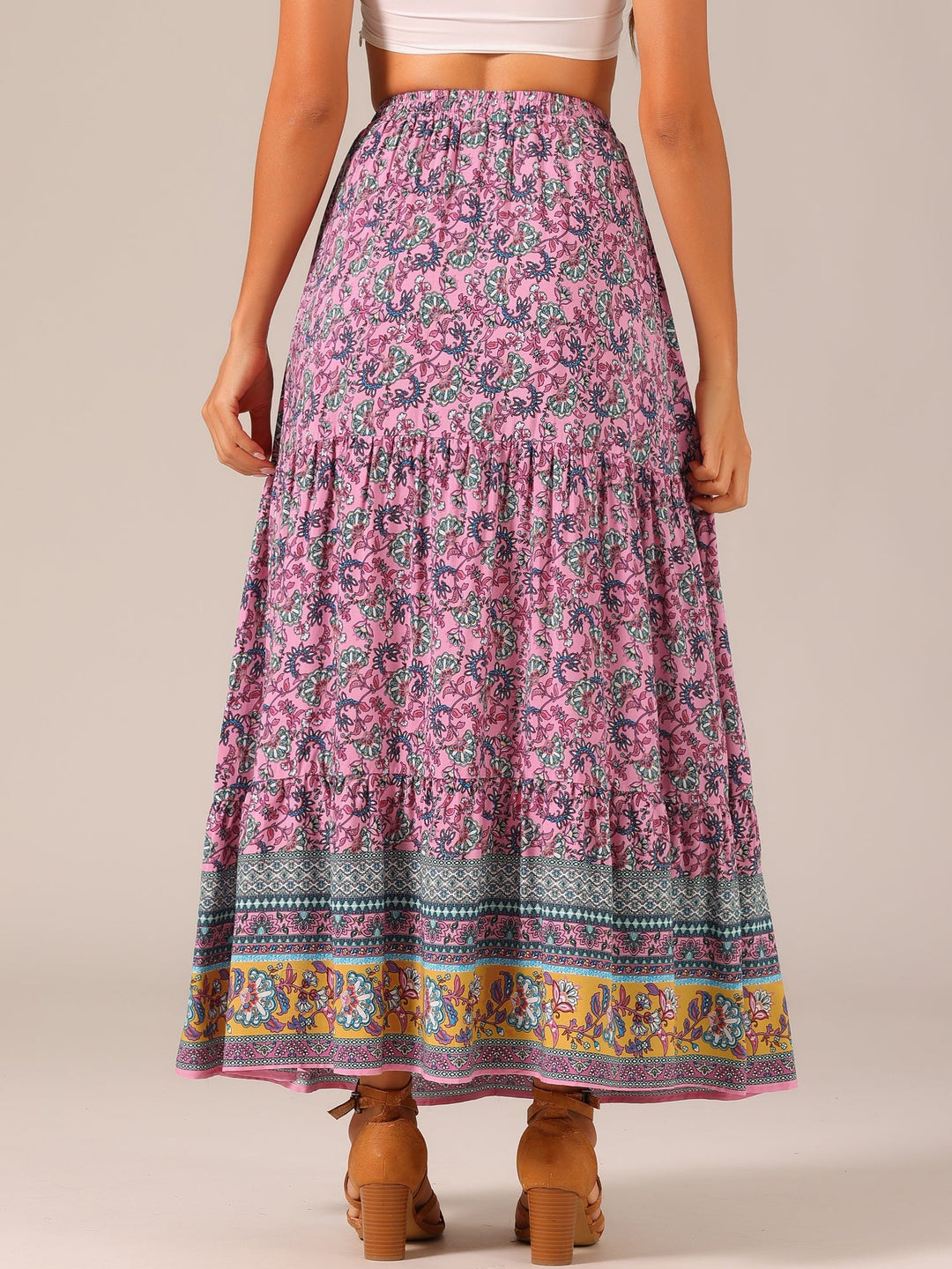 Elegant women's high waist geometric print maxi skirt with a dramatic side slit.