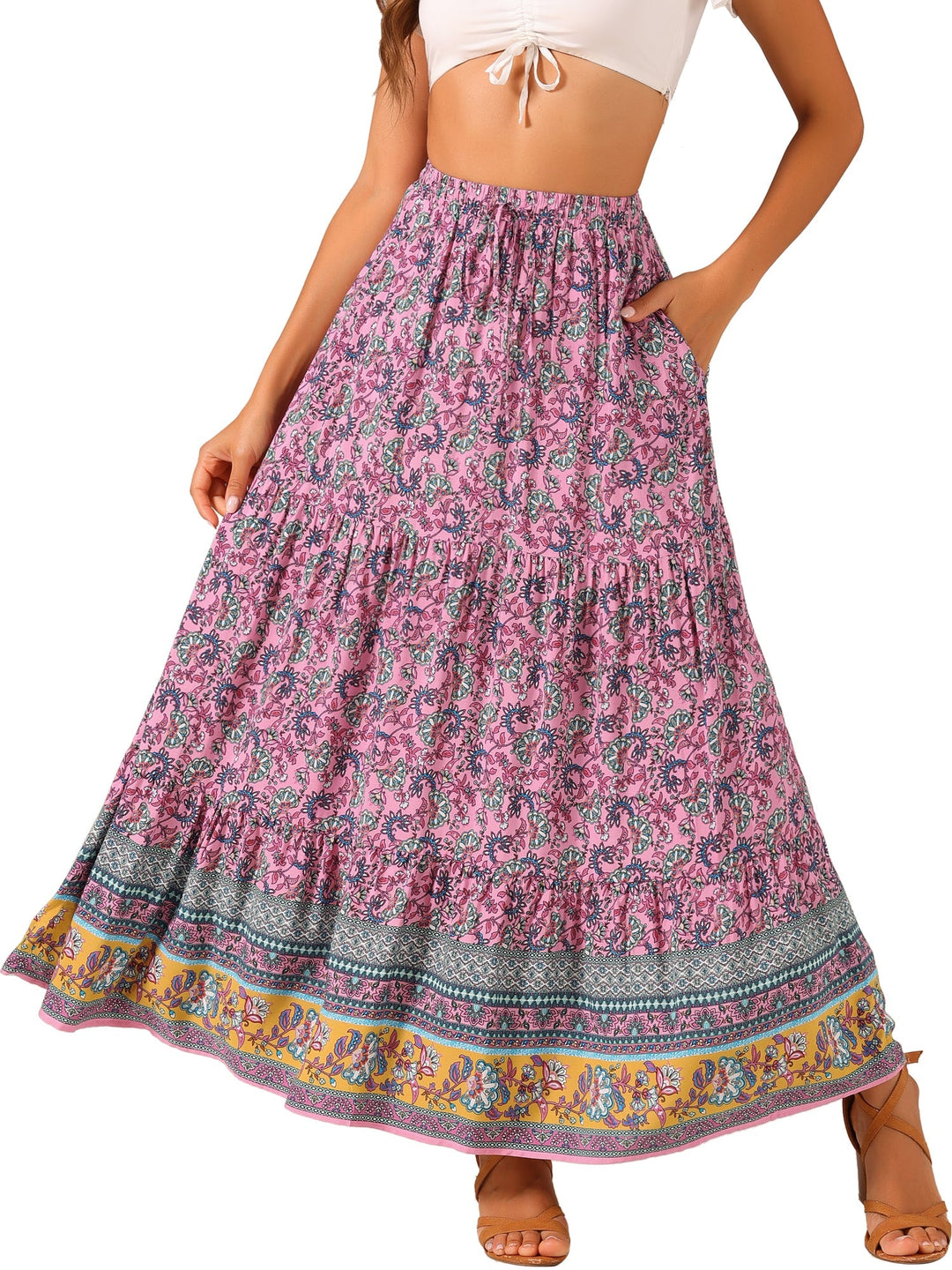 Lightweight printed maxi skirt for women, high waist and flowing design with side slit.