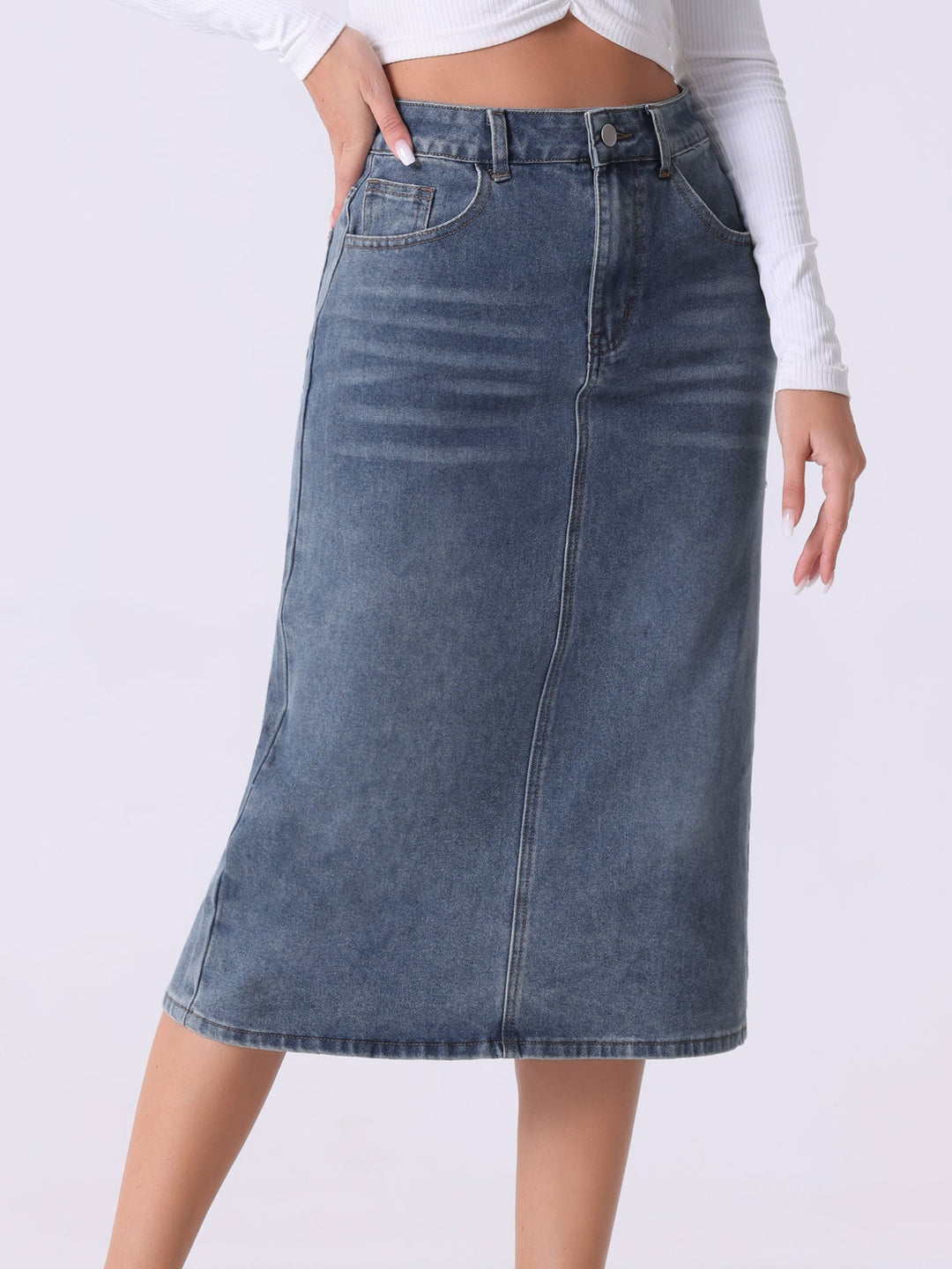 Women's high waist midi skirt with a straight cut & slit, perfect for casual everyday style.
