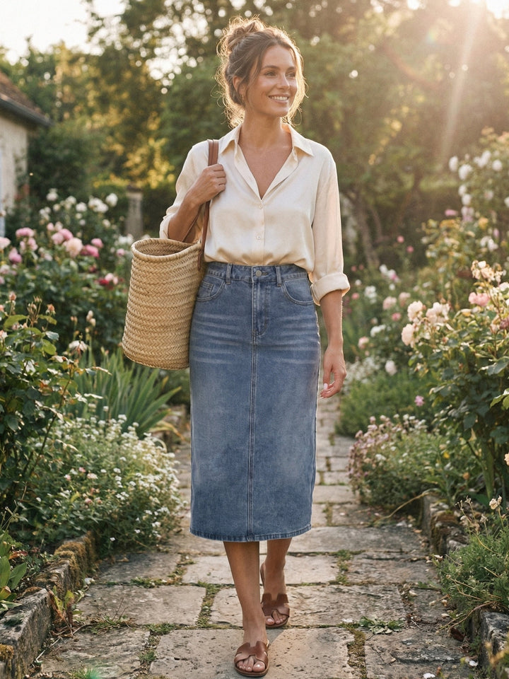 Stylish women's high waist midi skirt, straight cut with a subtle slit for versatile casual outfits.