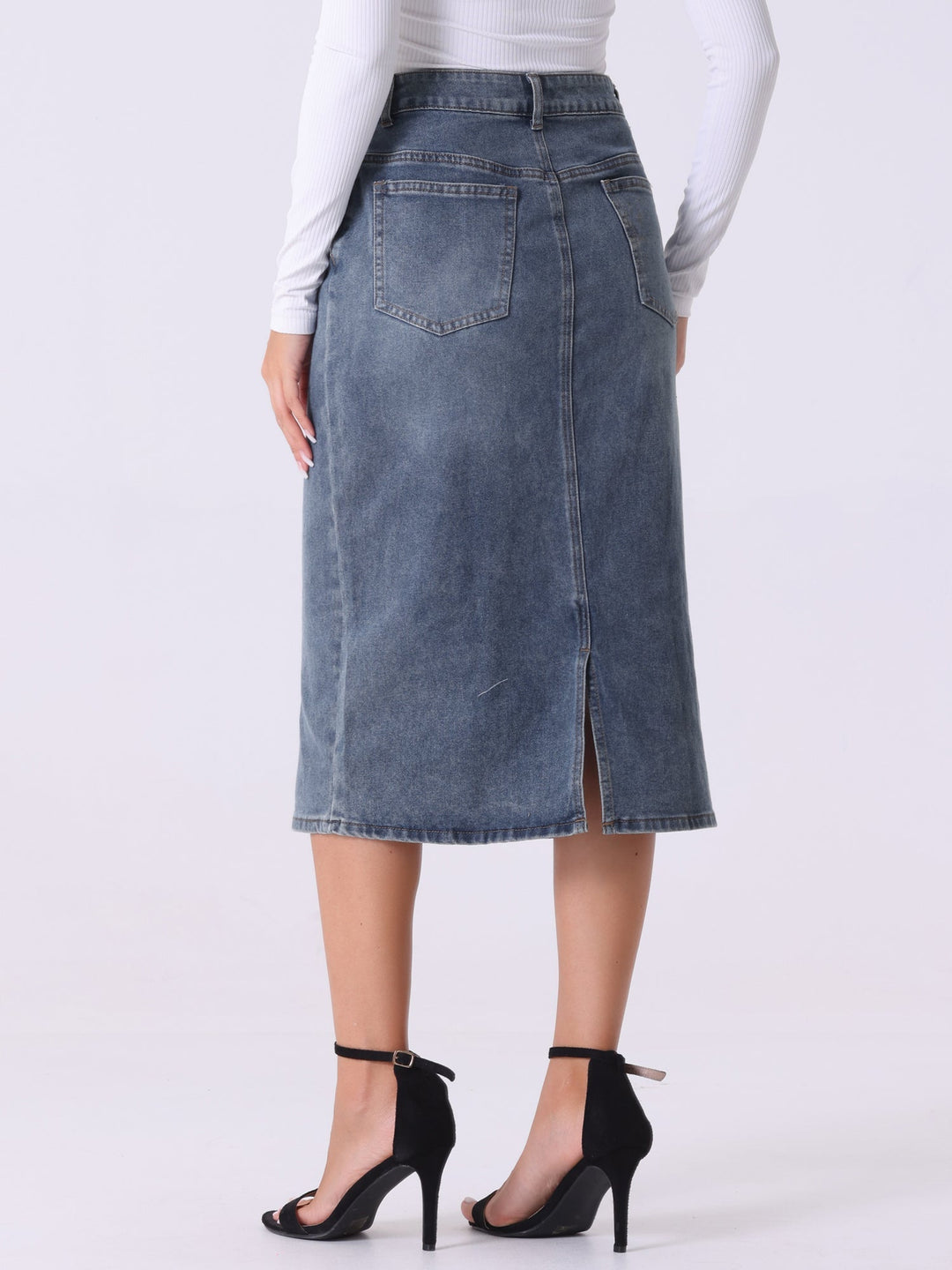 Comfortable ladies high waist midi skirt with a straight cut & slit, ideal for everyday casual wear.