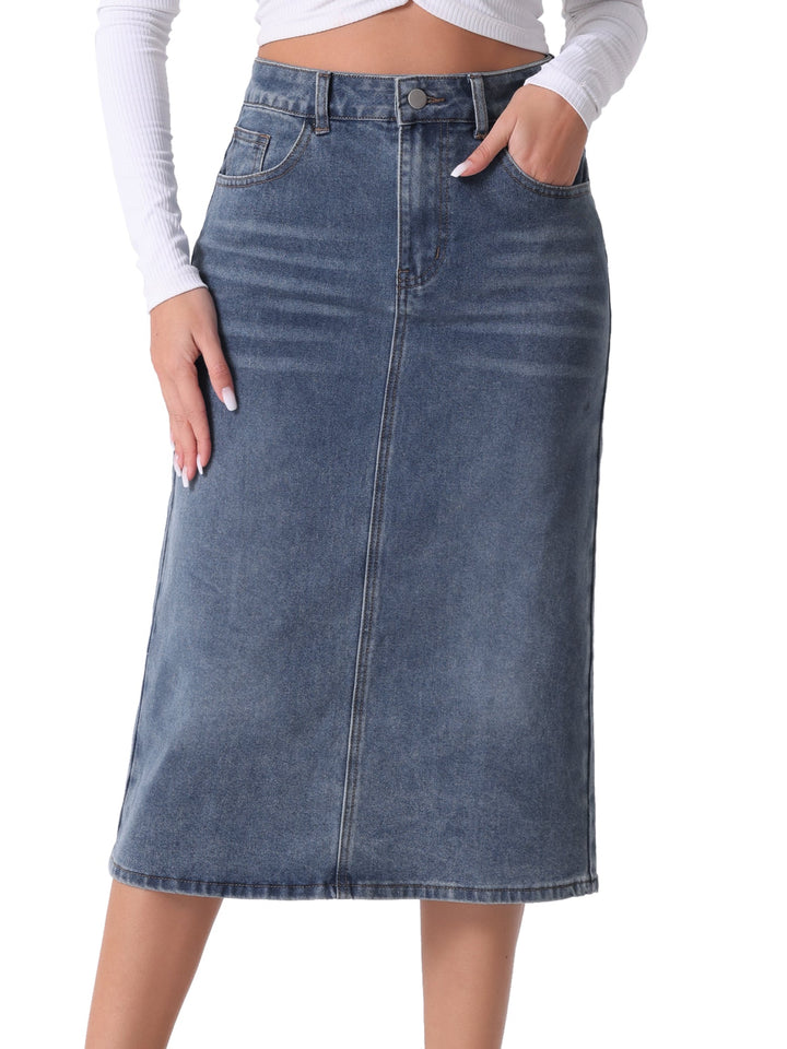Versatile women's straight cut midi skirt with a high waist and slit, great for casual or dressed-up looks.