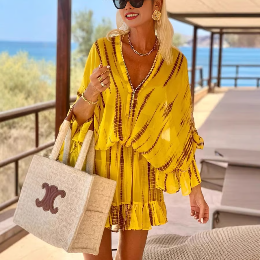 Casual elegant V-neck mini dress for women, featuring a high waist and tummy control. Ideal for summer parties.