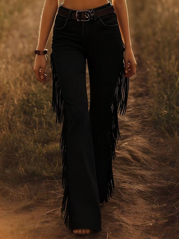 Women's boho high waist fringe flare jeans, ideal for a stylish festival ensemble or retro-inspired outfit.