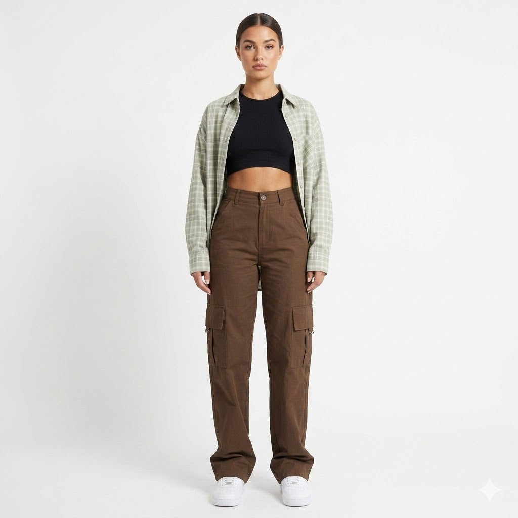 Women's high waist wide leg cargo pants in a relaxed fit, ideal for casual and streetwear looks.