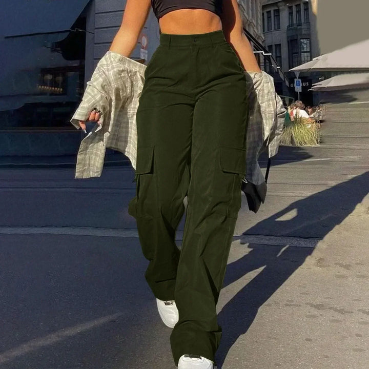 Women's high waist wide leg cargo pants, fashionable bottoms with practical utility pockets for an active lifestyle.