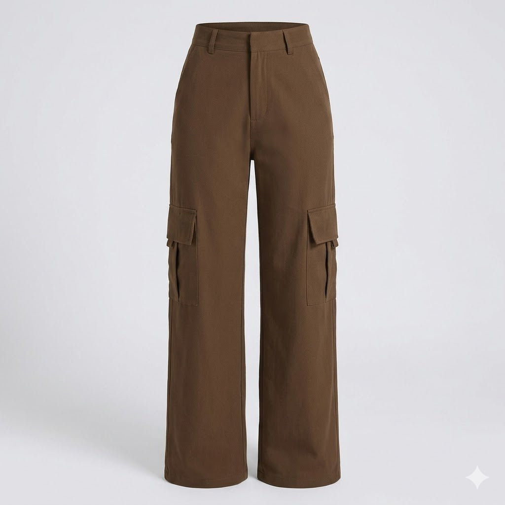 Stylish women's wide leg cargo pants with high waist, multiple utility pockets, perfect for streetwear fashion.