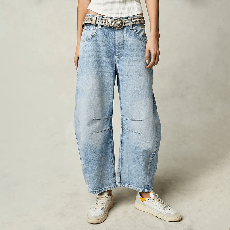 Modern women's high waist wide leg jeans. Loose, relaxed fit provides all-day comfort for casual wear.