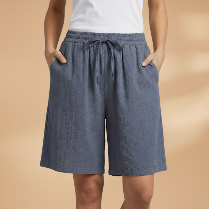 Comfortable women's high waist shorts with wide leg. Drawstring elastic waist for easy wear.