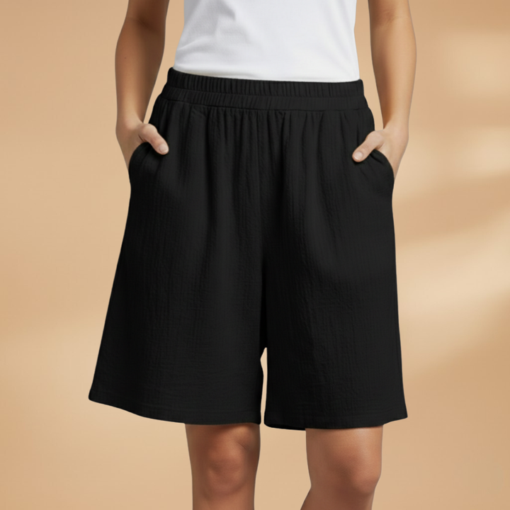 Women's summer casual shorts: high waist, wide leg, complete with a practical drawstring.