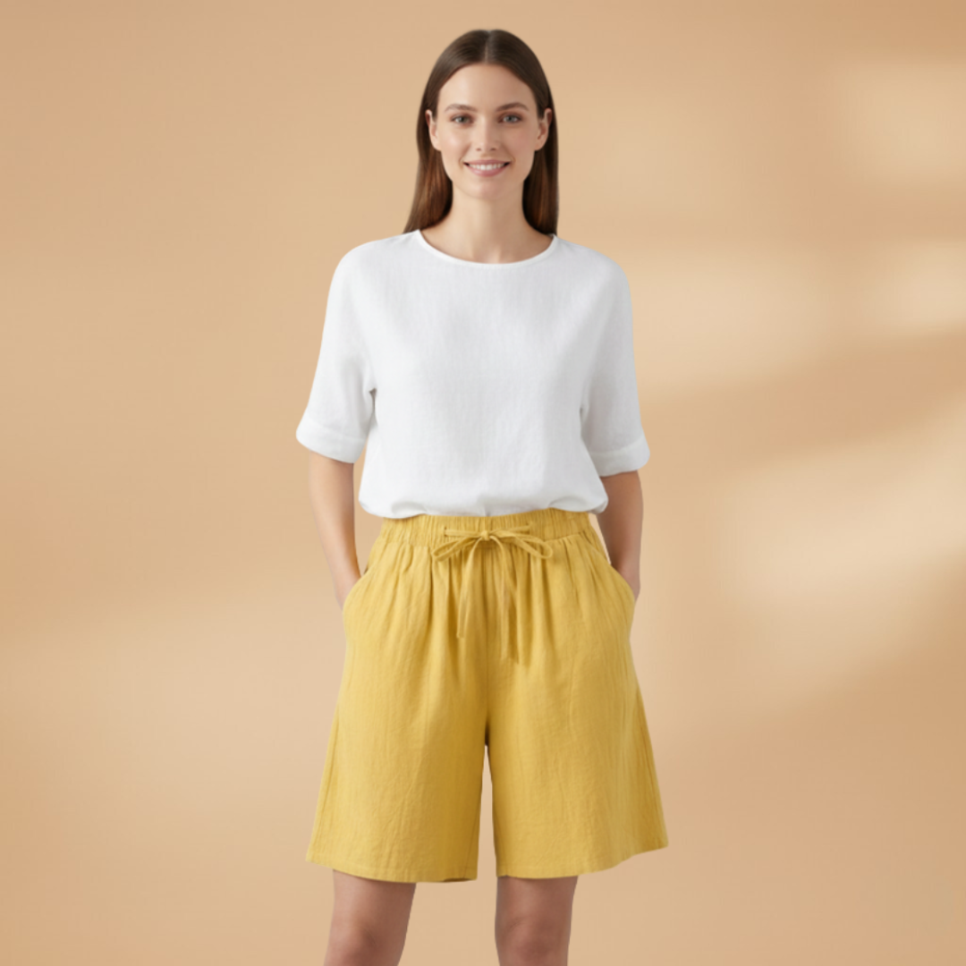 Stylish women's high waist shorts, wide leg design, comfortable elastic waist with drawstring.