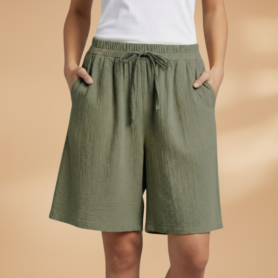Chic women's high waist shorts, wide leg silhouette, adjustable drawstring for a perfect fit.