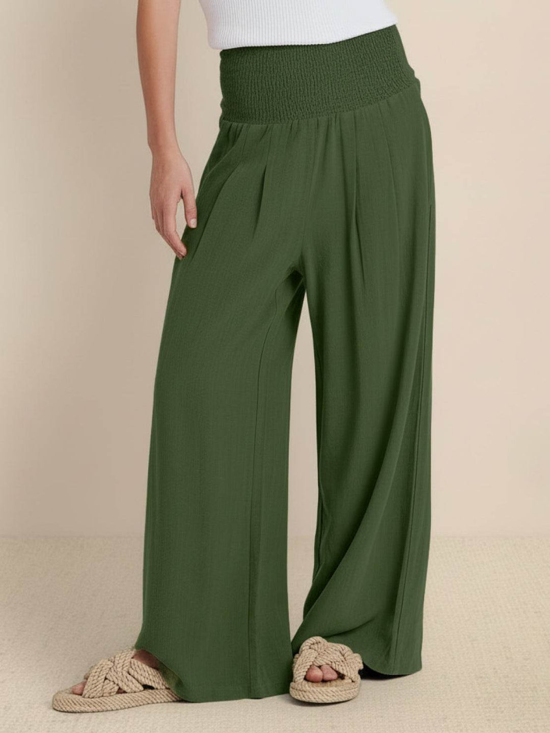Women's casual wide leg trousers, high waist, smocked for a relaxed & flowy fit.