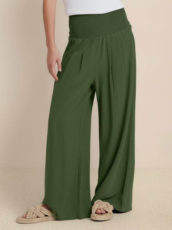 Women's casual wide leg trousers, high waist, smocked for a relaxed & flowy fit.