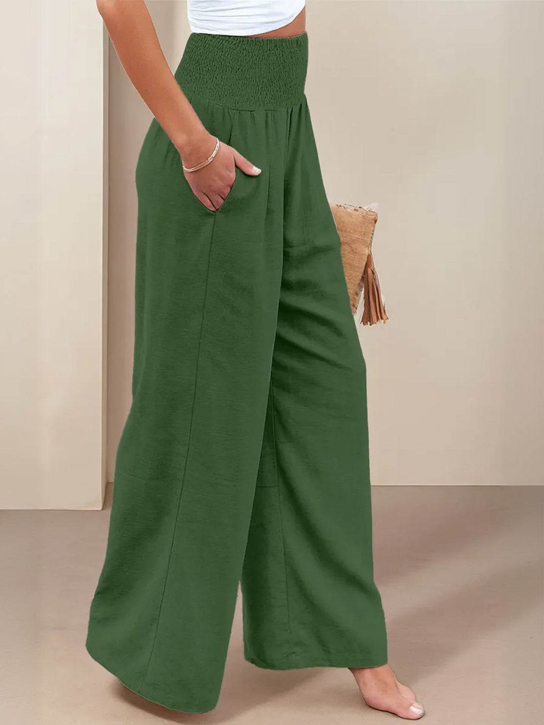 Spring fashion high waist wide leg trousers, women's smocked for easy pull-on comfort.