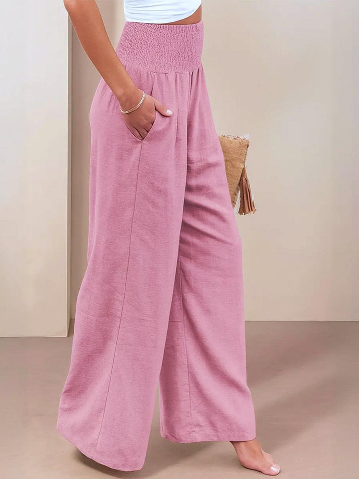Summer-ready high waist wide leg pants, smocked waist for a perfect relaxed fit, pull-on style.