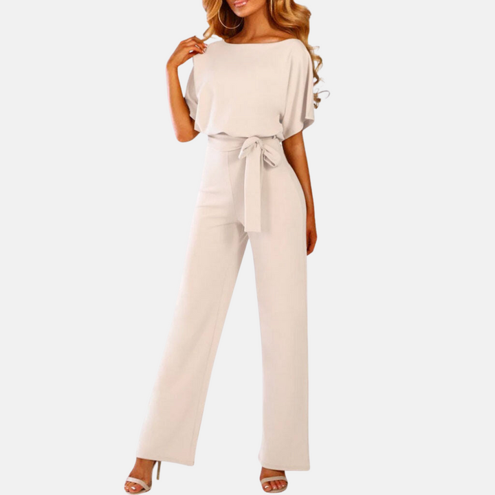 Women's high waist wide leg summer jumpsuit with short sleeves. Comfortable & elegant for versatile wear.