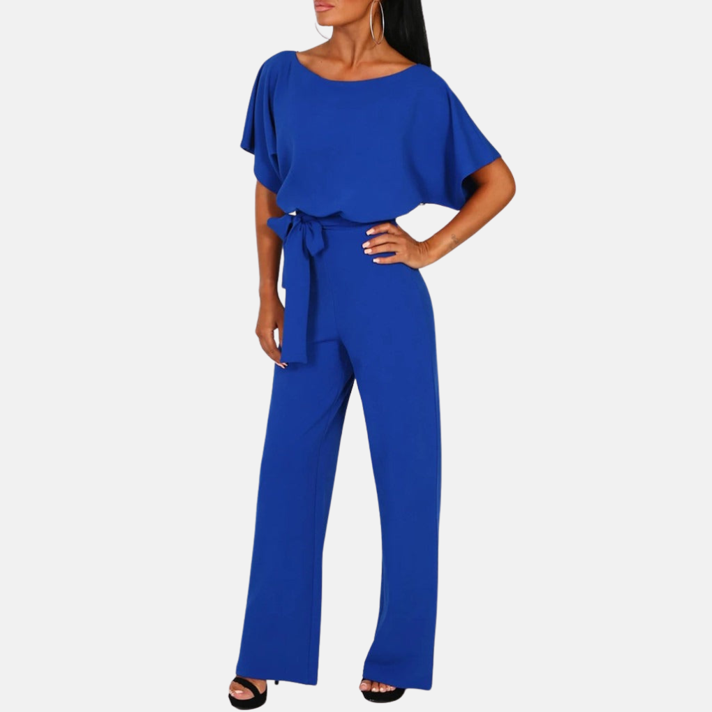 Comfortable women's one-piece summer jumpsuit. Short sleeve, high waist, wide leg for versatile fashion.