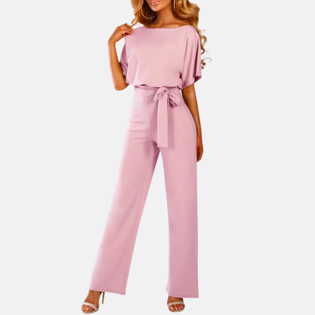 Stylish women's wide leg summer jumpsuit with high waist & short sleeves, a chic one-piece outfit.