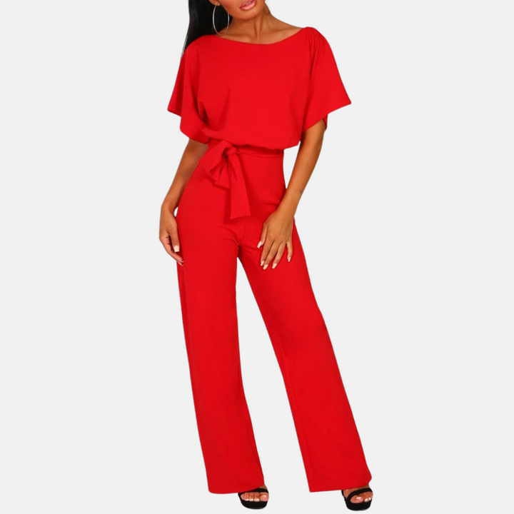 Chic women's high waist wide leg jumpsuit, short sleeve design. Ideal for elegant casual or office wear.