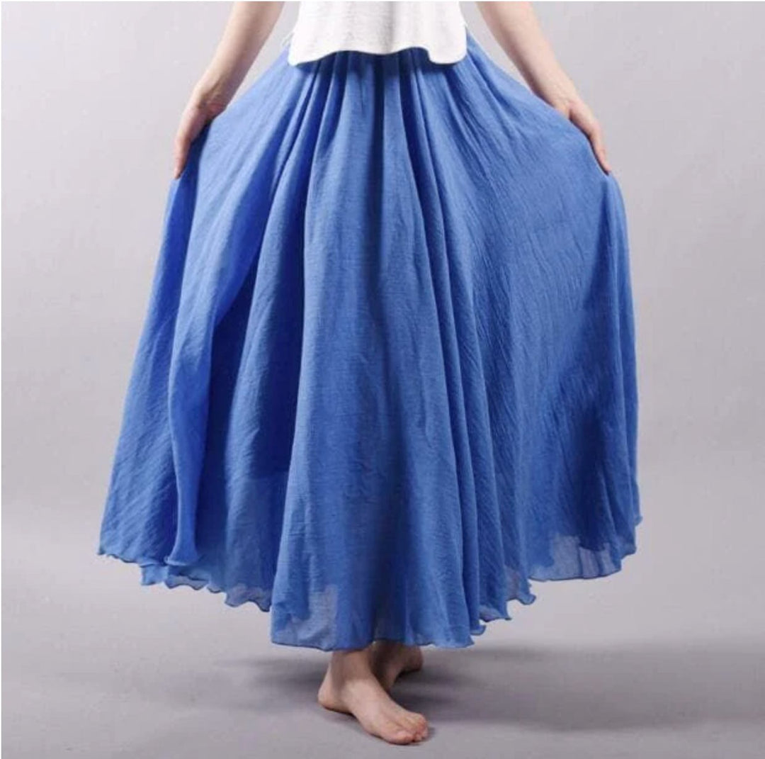 Women's high-waisted A-line maxi skirt, flowing bohemian style, perfect for summer casual wear.