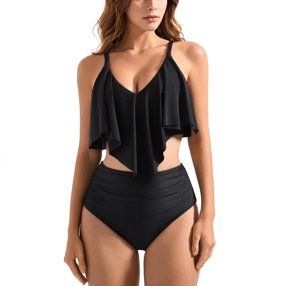 Trendy women's high-waisted ruffle bikini, a comfortable and stylish two-piece swimwear for summer.