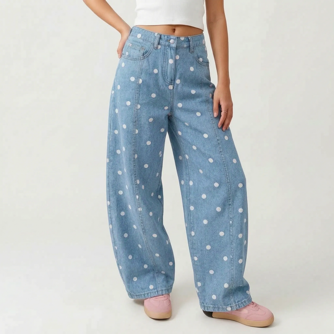 Close-up of women's dotted barrel pants, highlighting the high waist and comfortable loose fit.