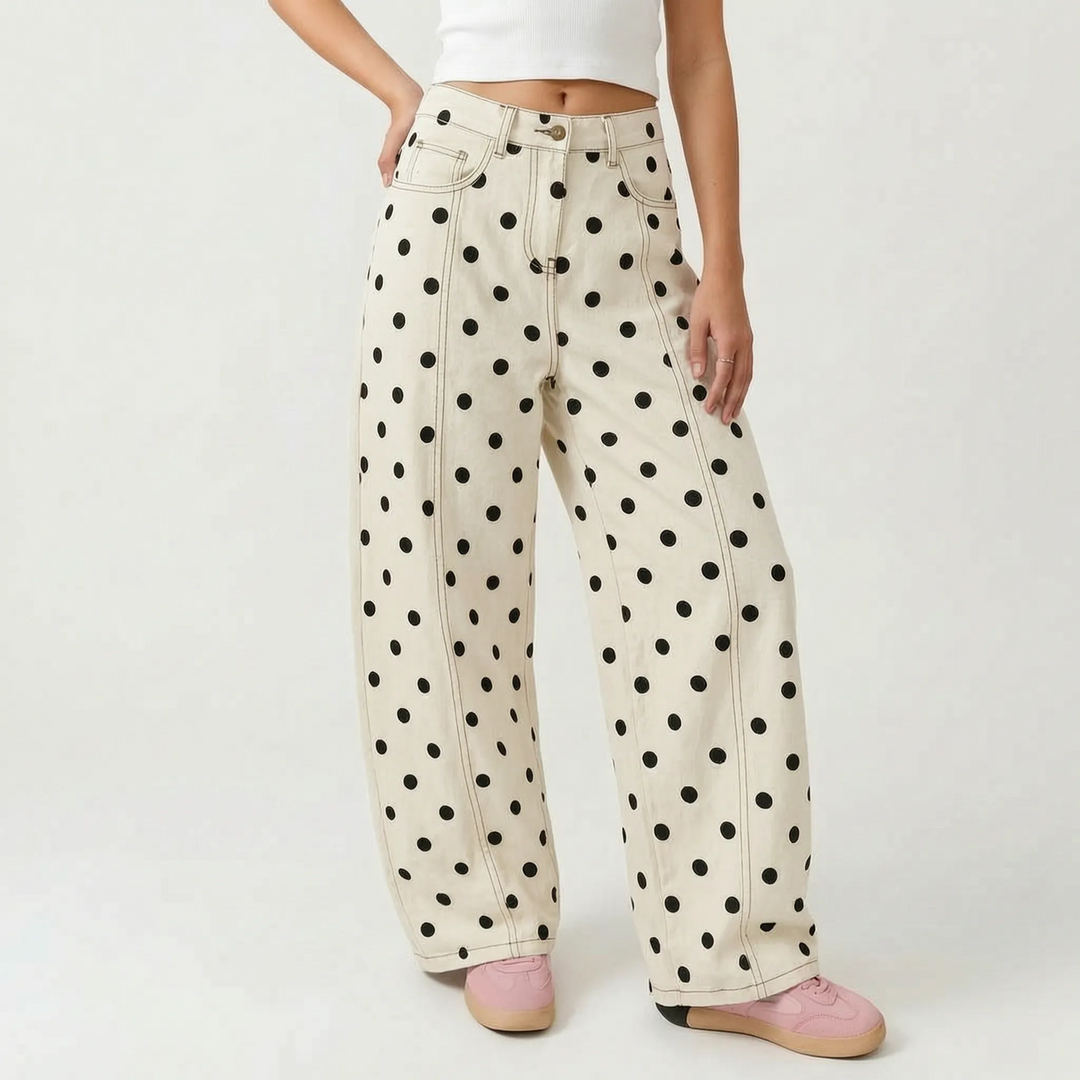 Women's polka dot barrel pants, high-waisted and comfy, perfect for versatile casual and spring fashion.