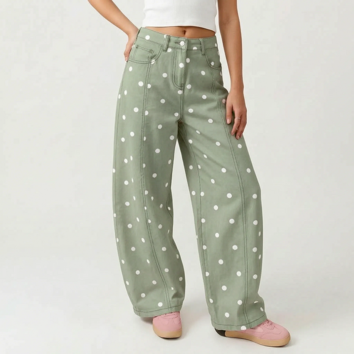 Versatile women's barrel leg pants with high waist & dotted pattern, ideal for chic spring & summer outfits.