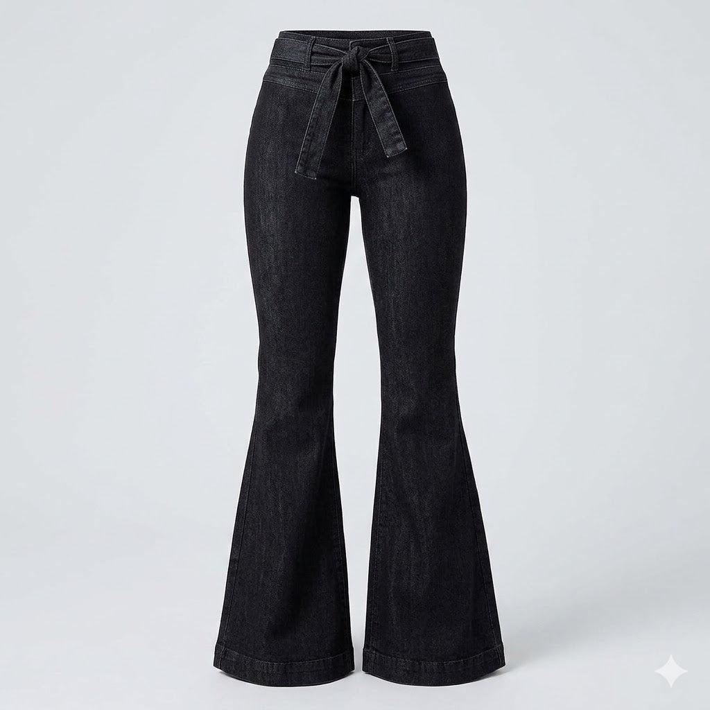 Flattering women's high-waisted flare jeans, designed for comfortable everyday wear and versatile fashion.