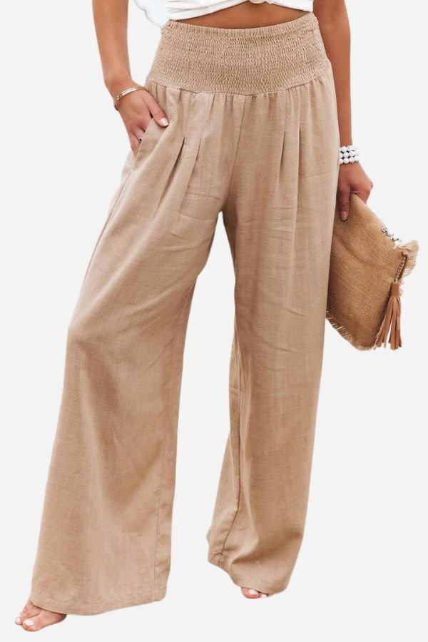 Casual elegant women's linen pants featuring a high waist and stylish wide leg fit.